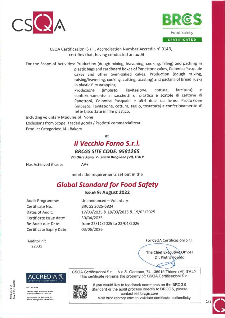 Cert BRCGS9 Il Vecchio Forno – Brogliano 2025
