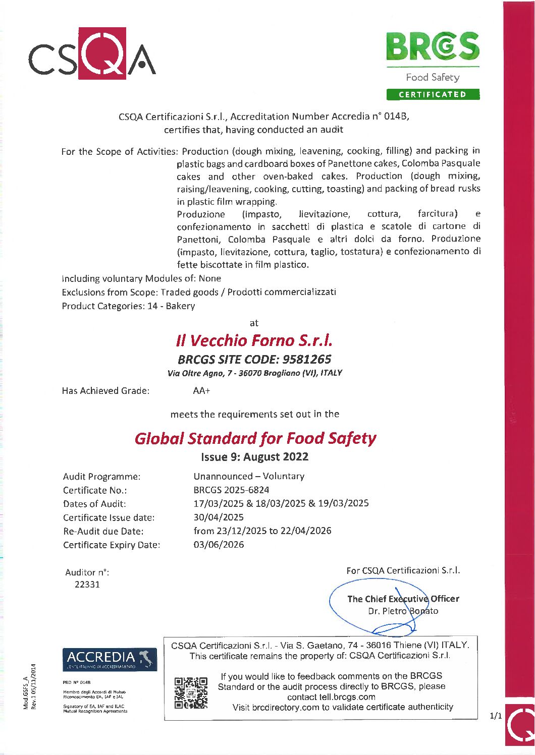 Cert BRCGS9 Il Vecchio Forno – Brogliano 2025
