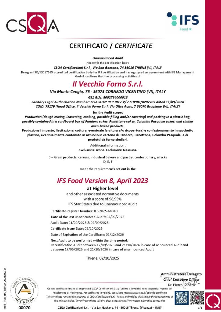 Cert IFS8 Il Vecchio Forno S.r.l. Cornedo 2025