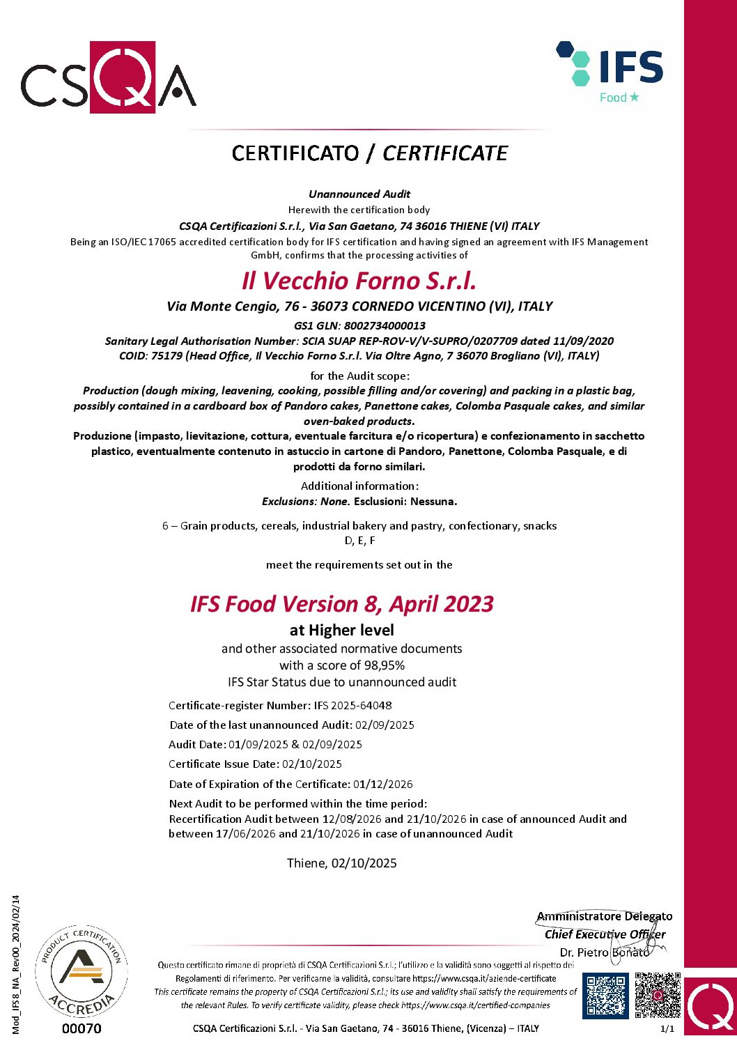 Cert IFS8 Il Vecchio Forno S.r.l. Cornedo 2025