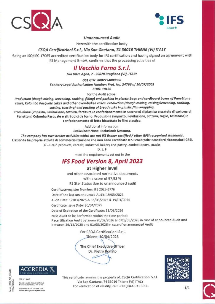 Cert IFS98 Il Vecchio Forno – Brogliano 2025