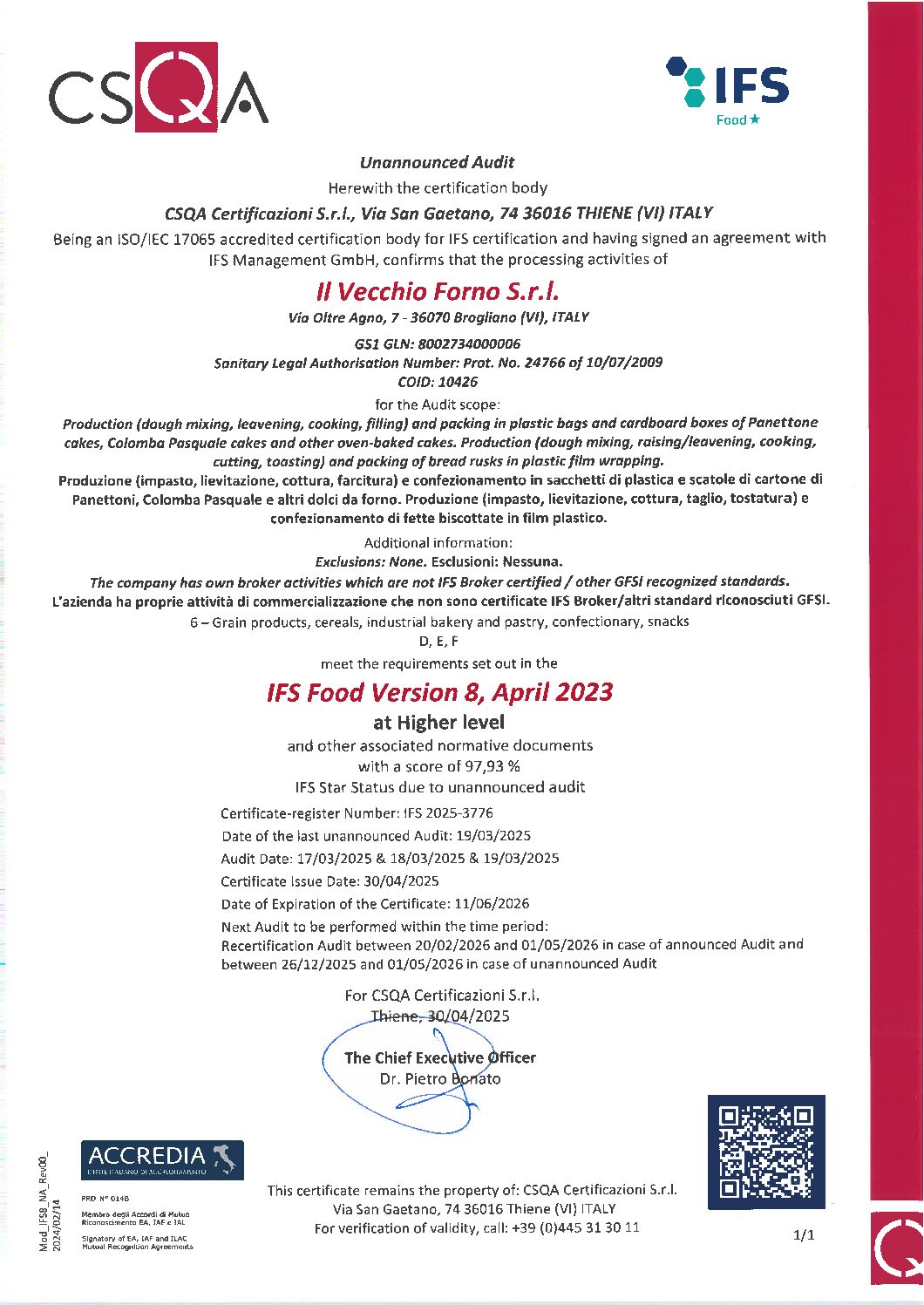 Cert IFS98 Il Vecchio Forno – Brogliano 2025